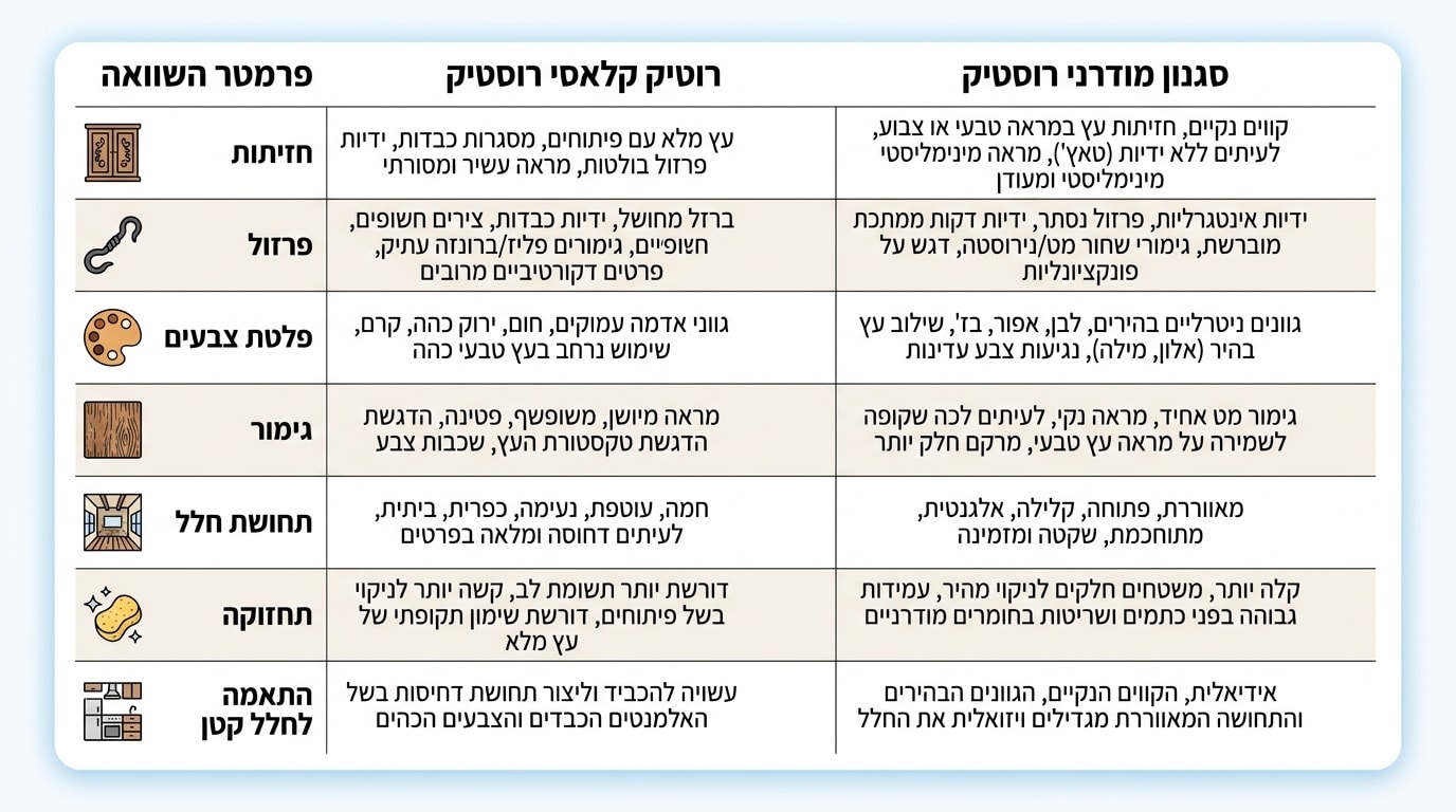 טבלת השוואה ויזואלית בין מטבח כפרי קלאסי למטבח כפרי מודרני