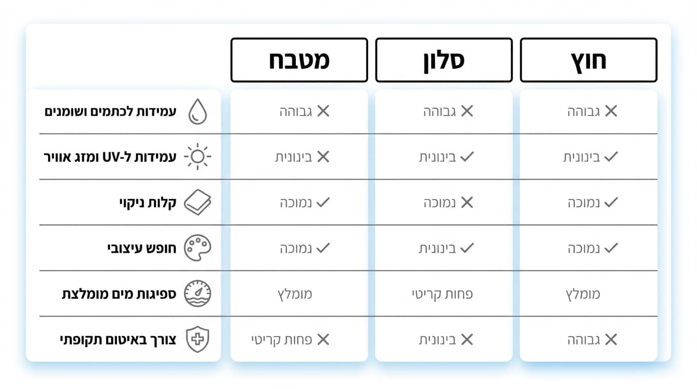 השוואה בין סוגי חיפוי קיר לפי חלל ושימוש — מטבח סלון וחוץ
