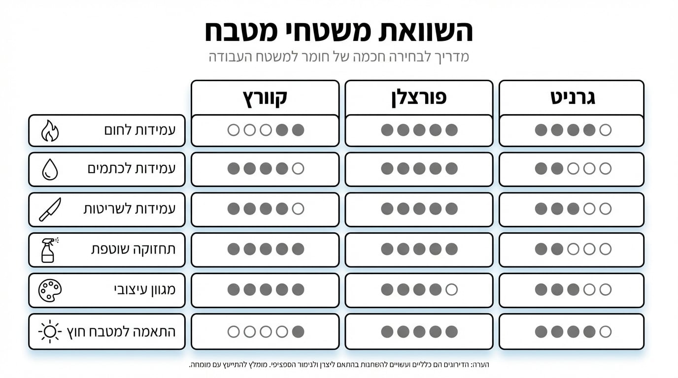 עלויות משטחי מטבח קוורץ פורצלן וגרניט השוואת מחירים