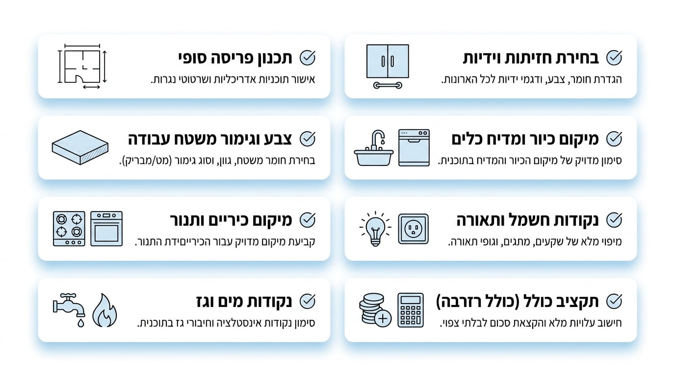 שיפוץ מטבח מודרני עם משטח קוורץ אבן קיסר ואי מרכזי