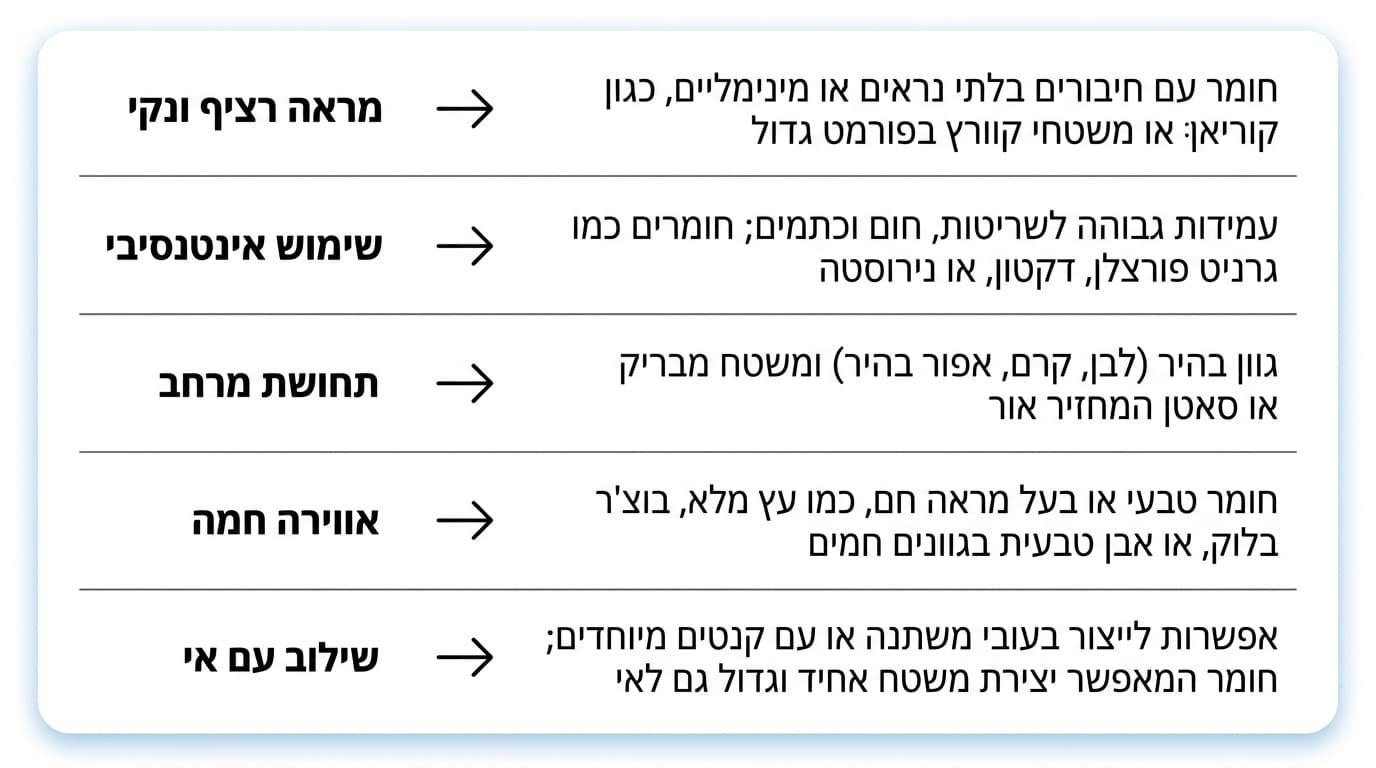 מטבח מינימליסטי בגוונים בהירים עם משטח עבודה אחיד וחזיתות חלקות שיוצרות מראה נקי ומרווח