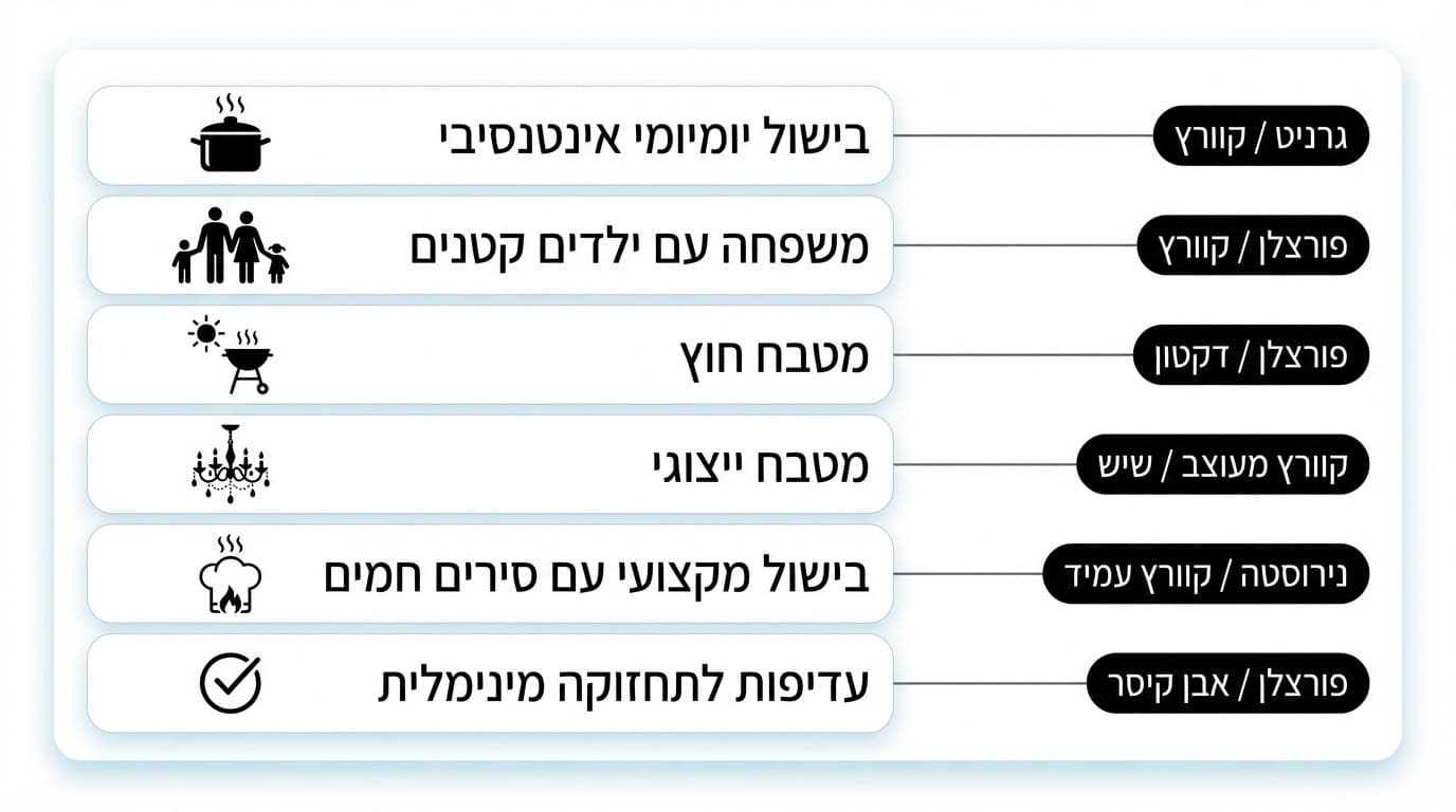 השוואת משטחי מטבח קוורץ פורצלן וגרניט בחלל מטבח מעוצב
