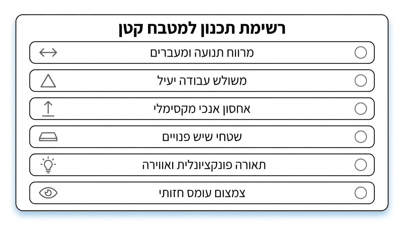מטבח קטן מעוצב עם משטח עבודה רציף וארונות עד התקרה
