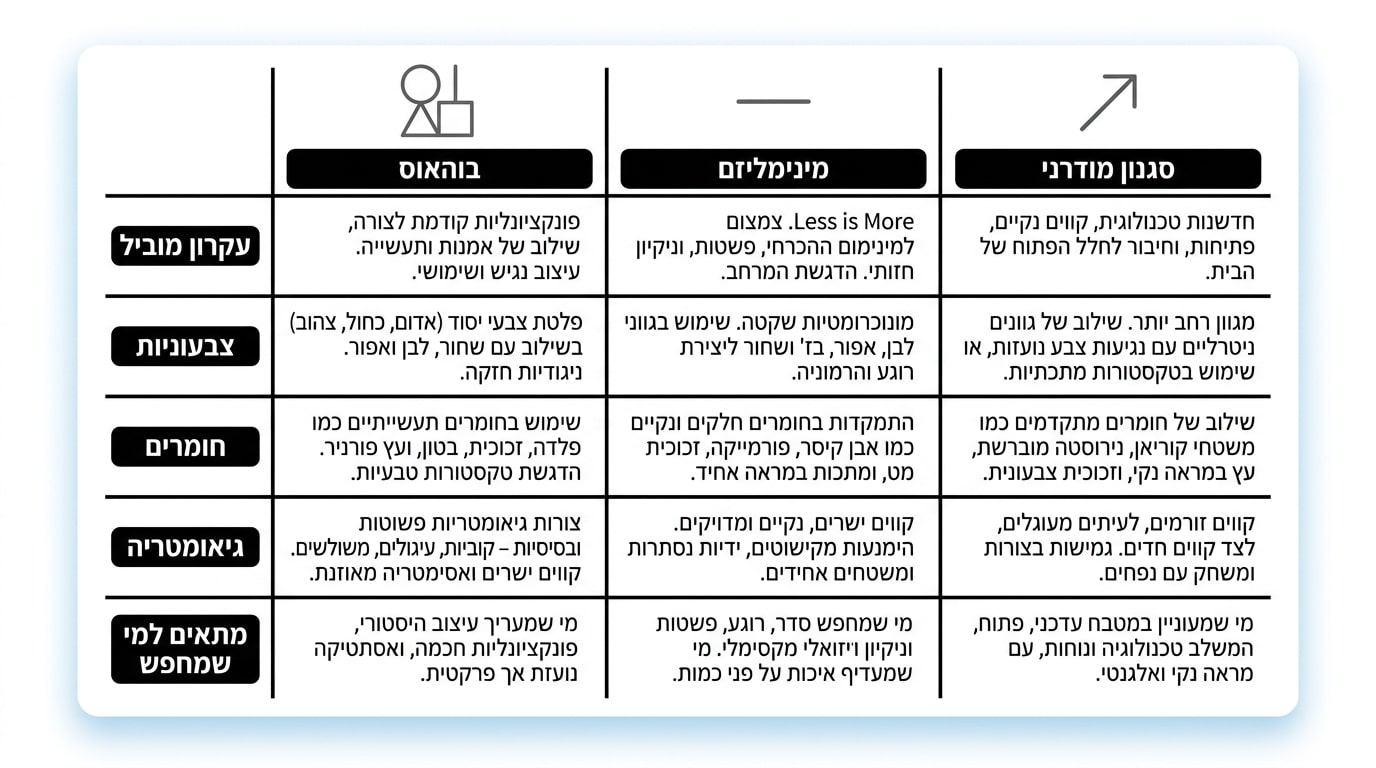 מטבח בעיצוב בוהאוס עם חזיתות חלקות, משטח עבודה אחיד, ותאורה מינימליסטית