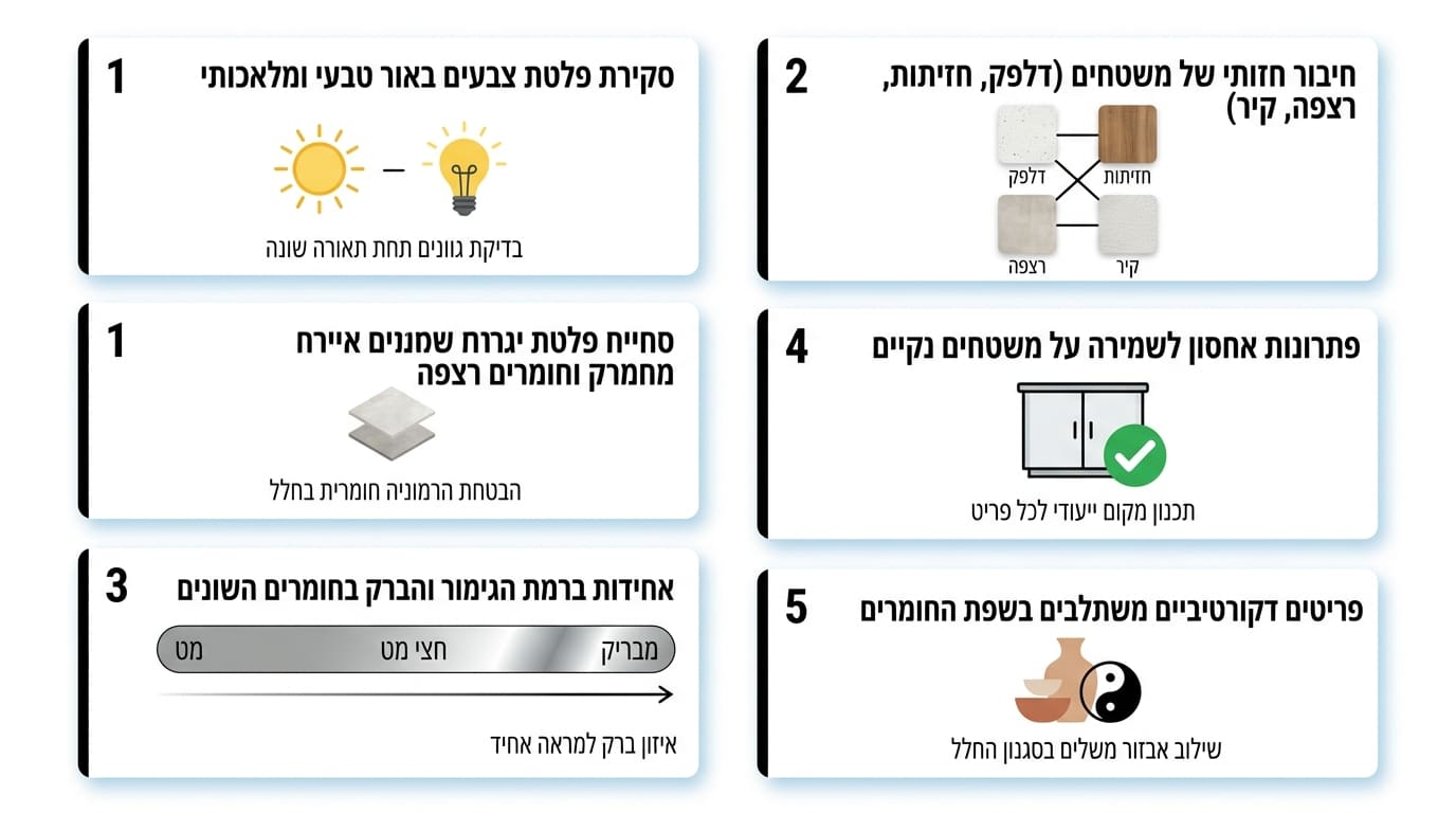 רשימת בדיקות לבחירת משטח עבודה - בדיקה באור טבעי ומלאכותי, חיבור חזותי לחומרים אחרים, איכות גימור