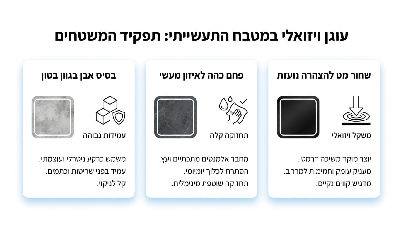 משטחי עבודה למטבח תעשייתי בגוונים דמויי בטון ואפור פחם
