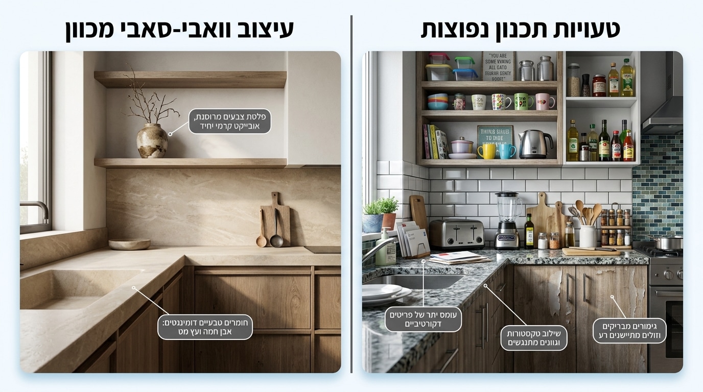 טעויות נפוצות בעיצוב מטבח וואבי-סאבי - עומס חומרים, גימורים זולים, פריטים דקורטיביים רבים מדי