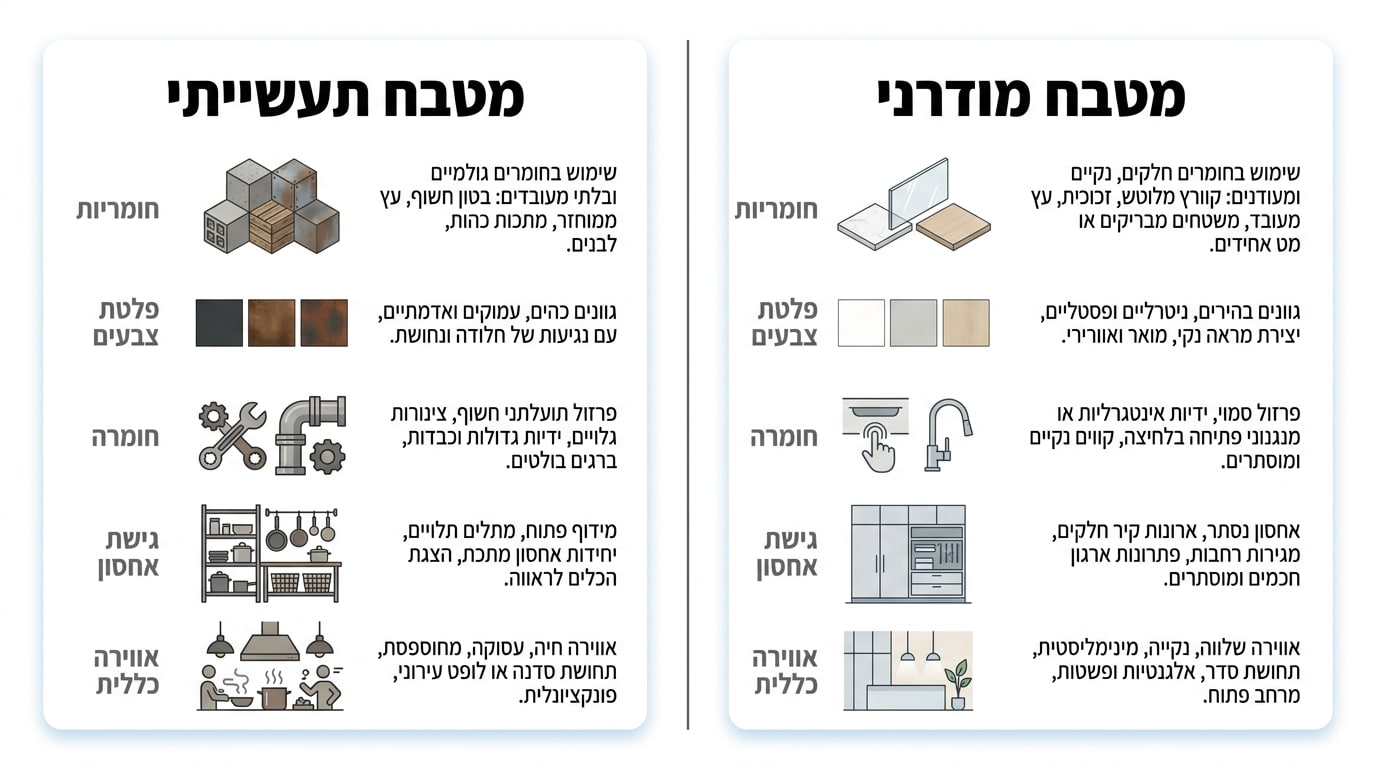 השוואה ויזואלית בין מטבח בסגנון תעשייתי למטבח בסגנון מודרני