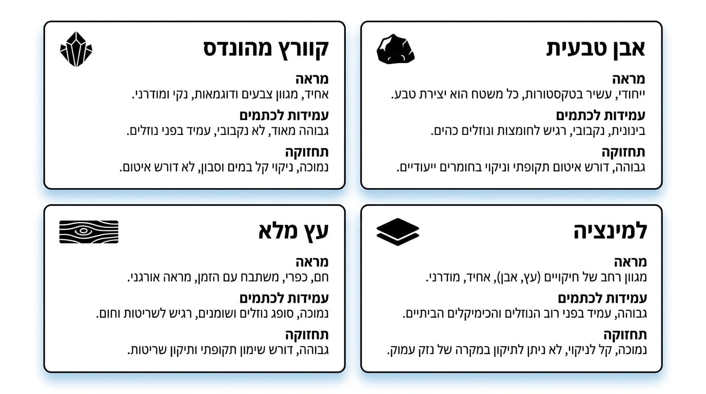 השוואה בין חומרים נפוצים למטבח ים-תיכוני – משטחי עבודה ושילובי גוונים