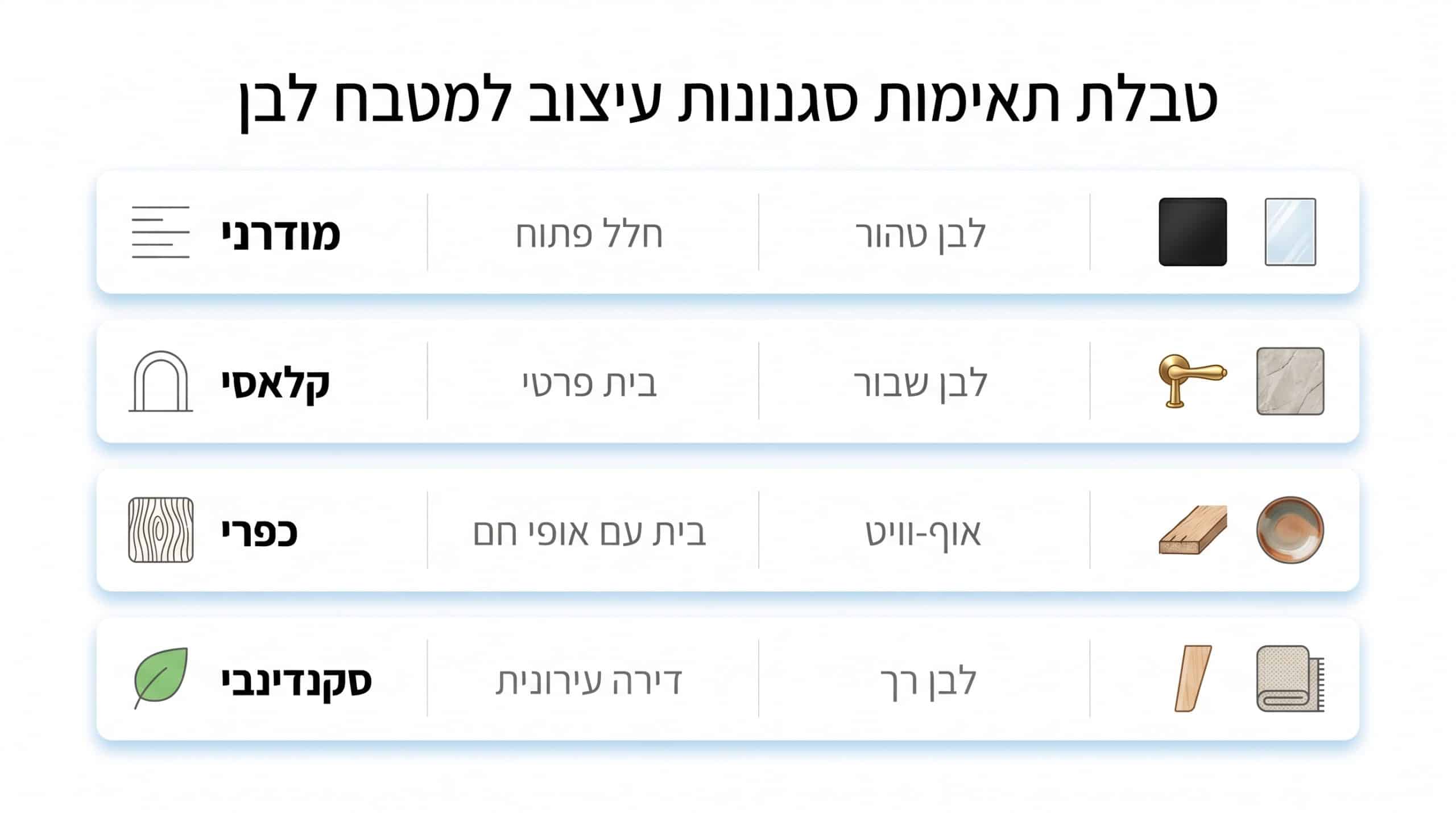השוואה ויזואלית בין סגנונות מטבח לבן: מודרני, קלאסי, כפרי וסקנדינבי