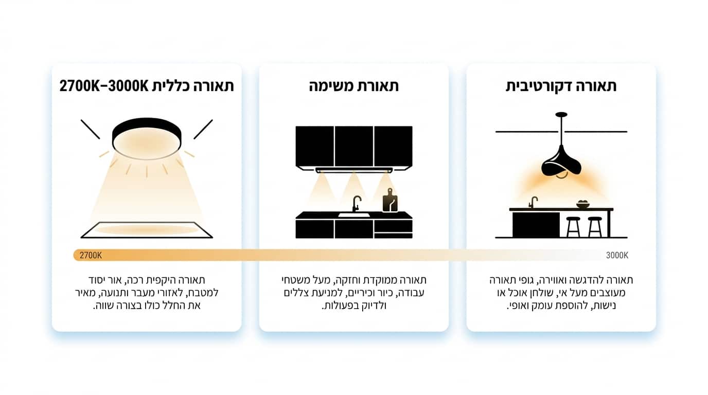 תאורה נכונה במטבח סקנדינבי ישראלי בשלוש שכבות שמייצרות חמימות ביתית
