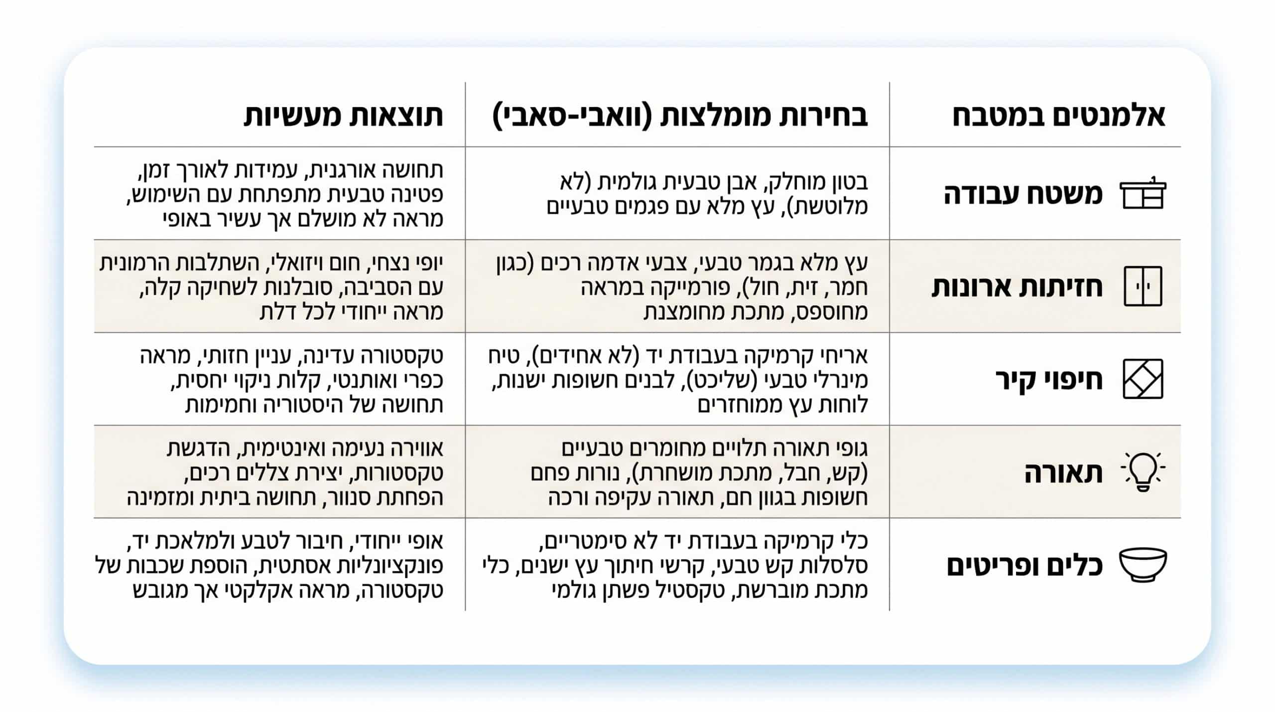 טבלה מציגה בחירות עיצוביות במטבח וואבי-סאבי - משטח עבודה, חזיתות ארונות, חיפוי קיר, תאורה וכלים
