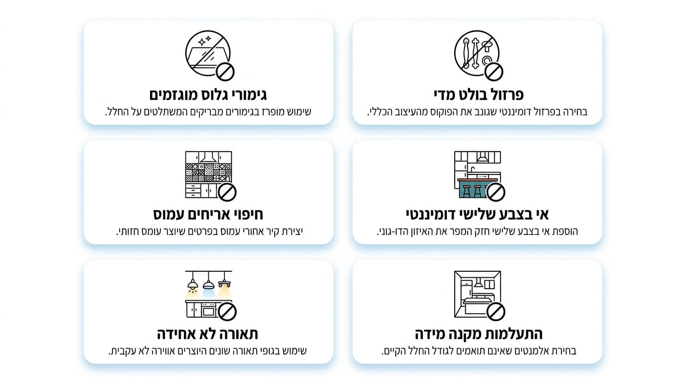 מטבח עם כמה טעויות נפוצות בשילוב צבעים - יותר מדי מרקמים, ידיות בולטות, כיסאות שלישיים