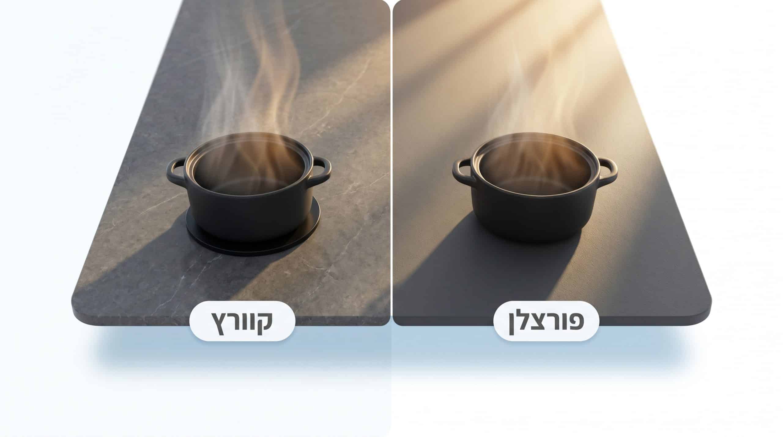 משטח מטבח מפורצלן בצבע בהיר עם מראה דק ומינימליסטי