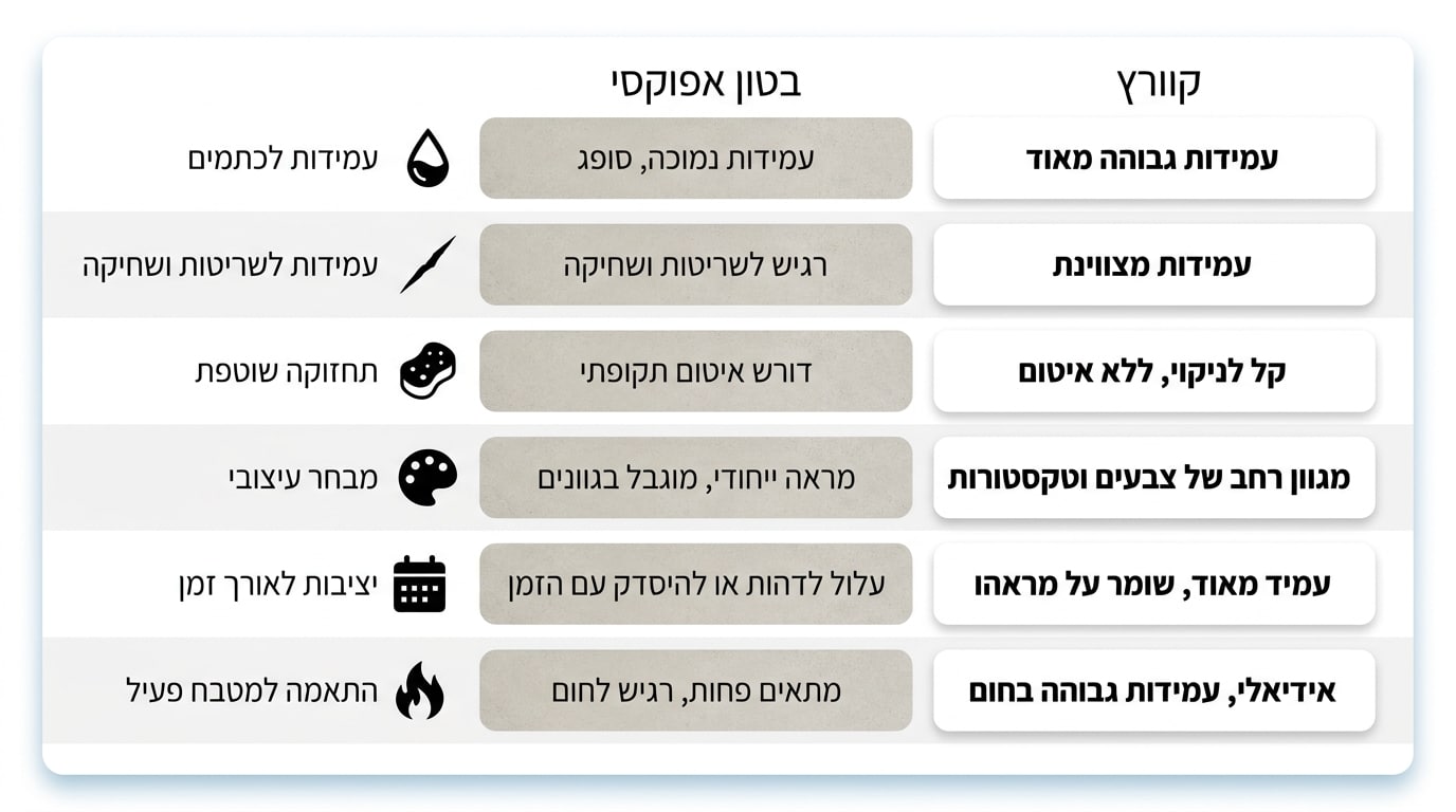 טבלת השוואה ויזואלית בין משטחים
