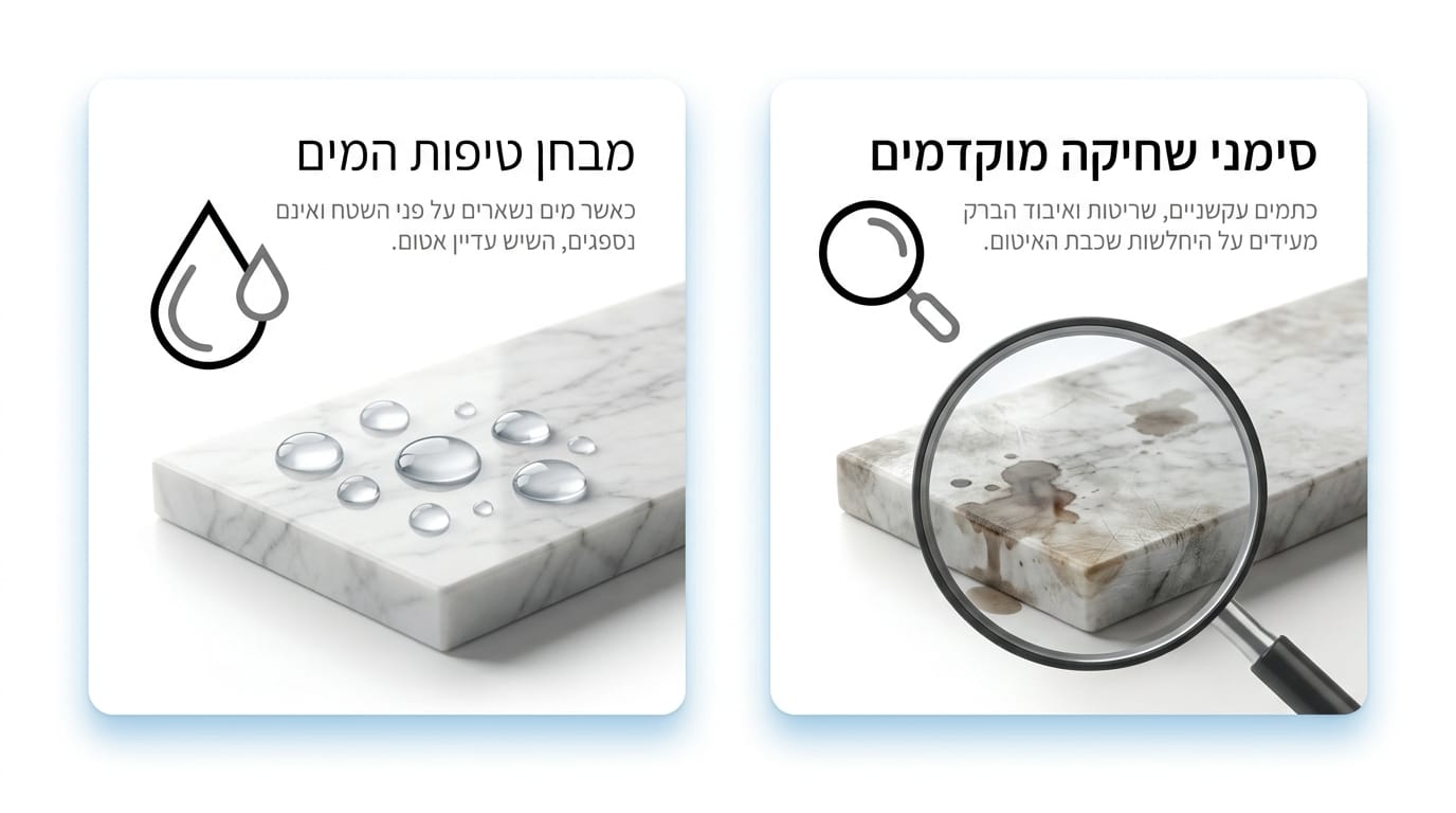 בדיקת ספיגה של מים על משטח שיש טבעי