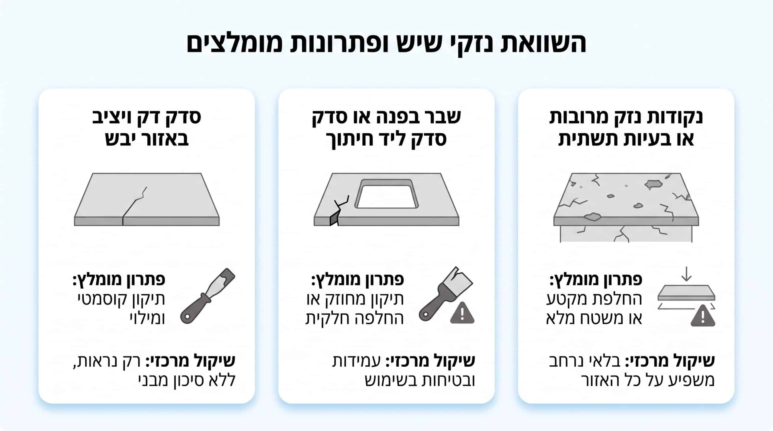 השוואה בין תיקון של סדק קטן לבין החלפה חלקית של משטח