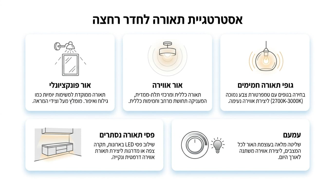 תאורה חמה ומדורגת בחדר רחצה יוצרת אווירת ספא