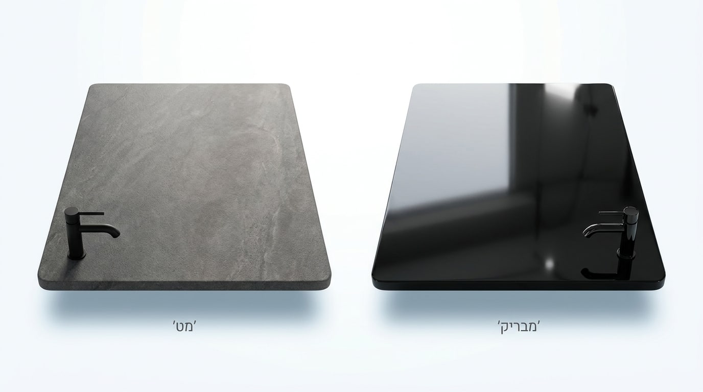 קיר מקלחת וכיור בחדר רחצה עם חיפוי במראה אבן
