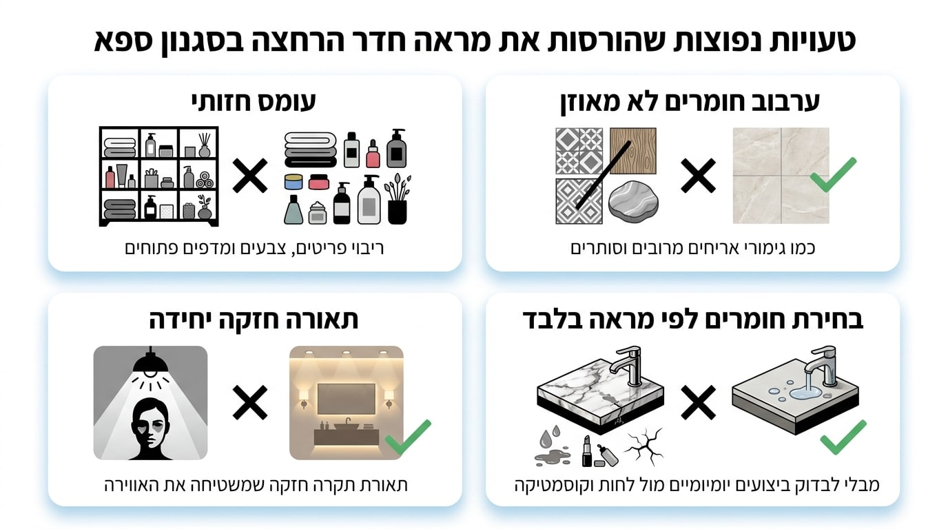 דוגמה לחדר אמבטיה עם עומס חזותי וטעויות עיצוב נפוצות
