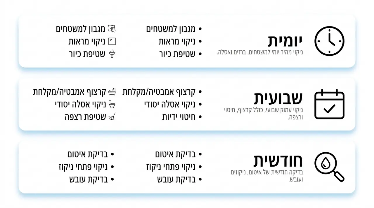 שגרת תחזוקה מסודרת לחדר רחצה לבן עם מטליות וחומרי ניקוי עדינים