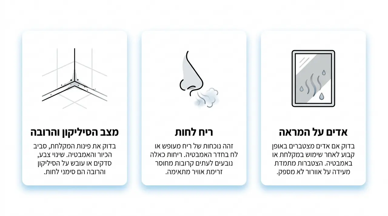 טיפות עיבוי על מראה בחדר רחצה לבן כסימן ללחות גבוהה