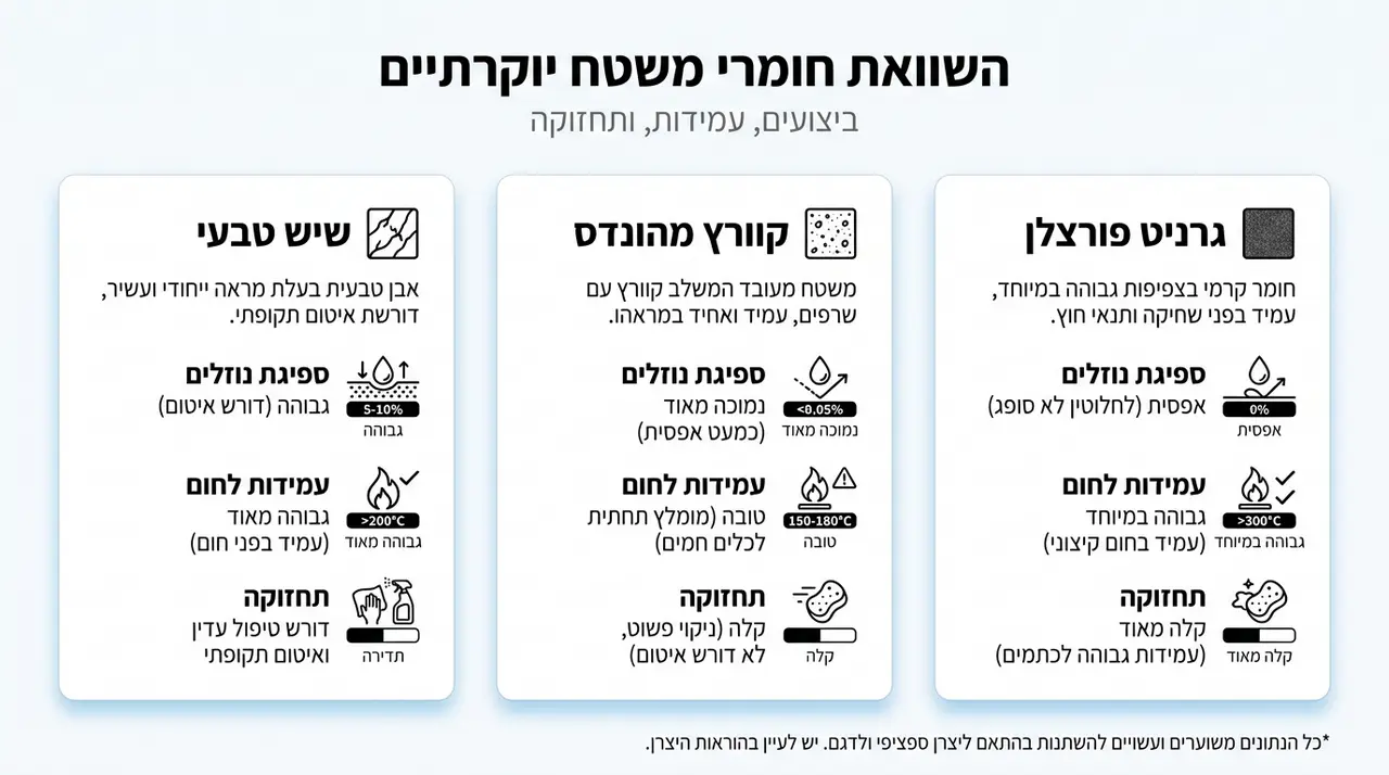 השוואה בין שיש טבעי, קוורץ מהונדס וגרניט פורצלן לחיפוי קירות
