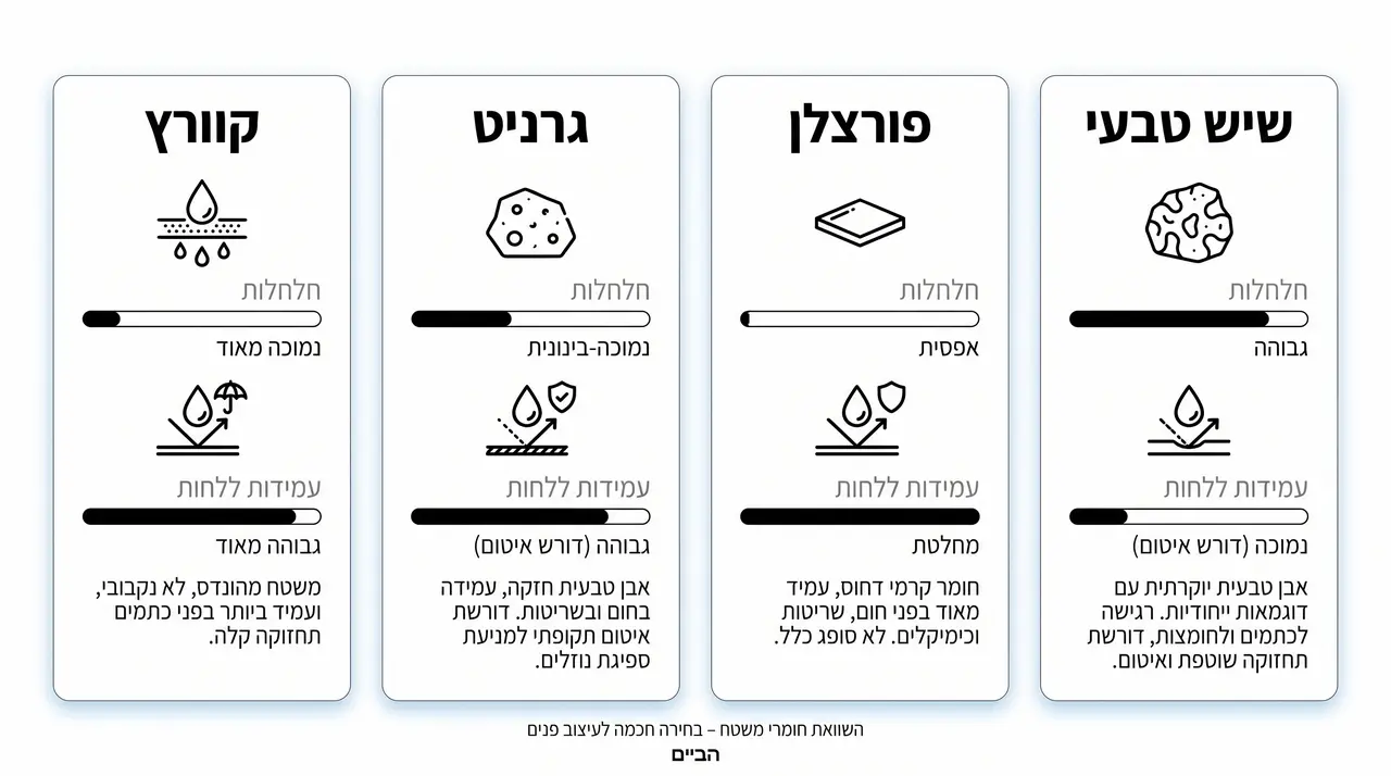 השוואה בין סוגי שיש שונים לחדר אמבטיה – קוורץ, פורצלן ואבן טבעית